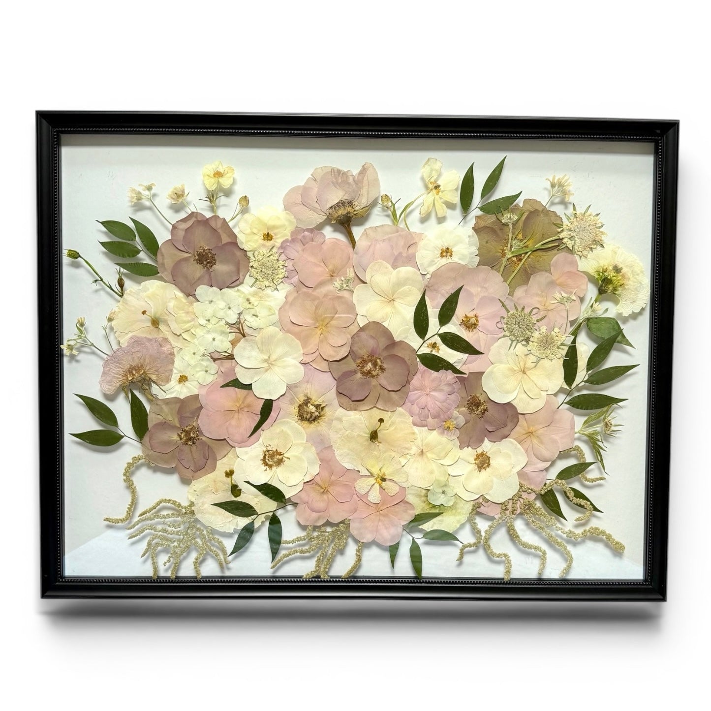 Pressed blush, mauve and cream flowers with greenery on a white background, in a black frame.