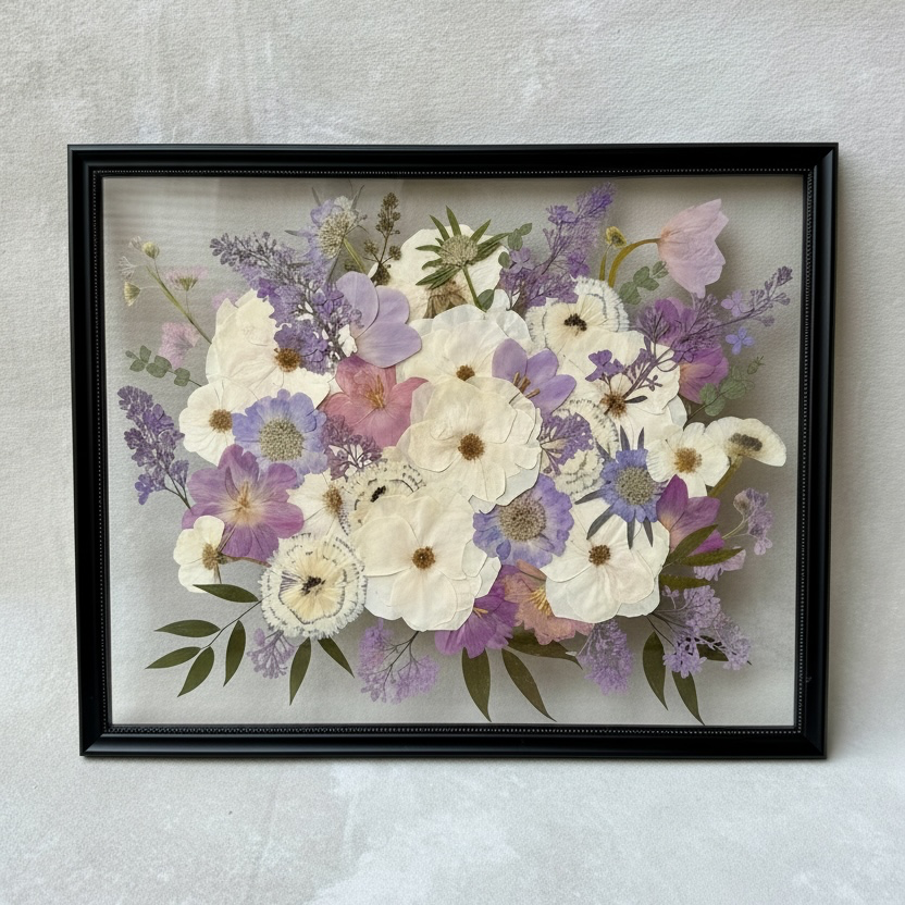 Pressed lavender, white and cream flowers with greenery in a black floating frame.